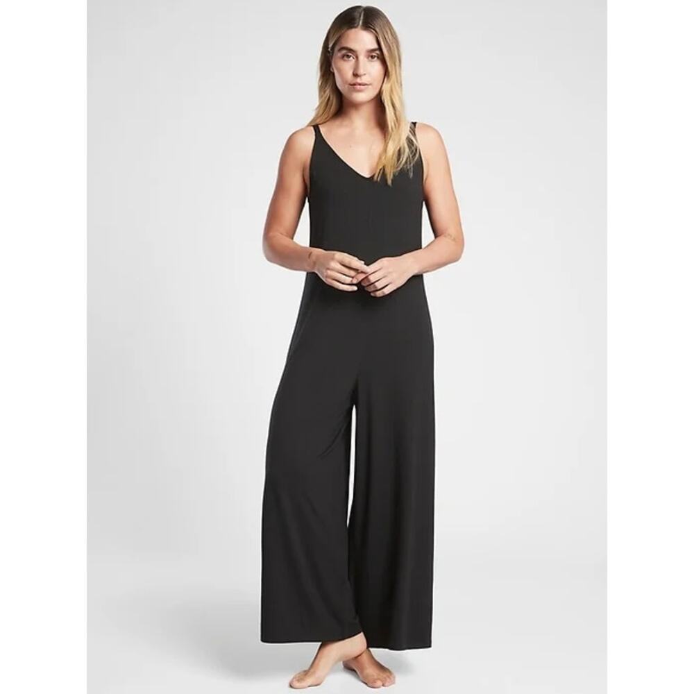 Athleta Nighttime Bliss Sleep V-Neck Romper Jumpsuit Wide Leg Black Size Medium